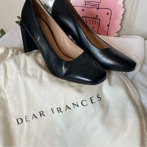 Dear Frances Black Italian Leather chunky pumps.